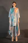 Buy_Clos_Blue Dupion Silk Print Abstract Band Collar Floral Long Kaftan With Pant _at_Aza_Fashions