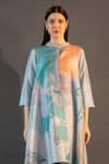 Buy_Clos_Blue Dupion Silk Print Abstract Band Collar Floral Long Kaftan With Pant _Online_at_Aza_Fashions