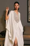 Buy_Siddartha Tytler_Ivory Lycra Satin Embellished Crystal Rope Notched Kaftan _Online_at_Aza_Fashions