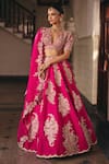 Shop_Mrunalini Rao_Pink Blouse Raw Silk Embroidery Resham Allika Gullista Bridal Lehenga Set _Online_at_Aza_Fashions