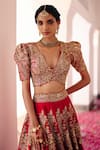 Buy_Mrunalini Rao_Red Blouse Raw Silk Embroidery Zardozi V Urja Mosaic Flora Bridal Lehenga Set _Online_at_Aza_Fashions