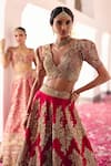 Buy_Mrunalini Rao_Red Blouse Raw Silk Embroidery Zardozi V Urja Mosaic Flora Bridal Lehenga Set 