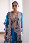 Shop_Mrunalini Rao_Blue Lehenga Pure Silk Embroidered Resham Blouse Plunging V Ekam Cape Set _at_Aza_Fashions