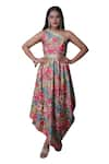 Meghna shah_Multi Color Chinon Printed Floral Asymmetric One Shoulder Draped Gown _Online_at_Aza_Fashions