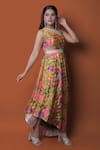 Buy_Meghna shah_Multi Color Chinon Printed Floral Asymmetric Draped Gown 