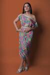 Buy_Meghna shah_Multi Color Chinon Printed Floral Asymmetric Off-shoulder Dress _at_Aza_Fashions