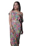 Buy_Meghna shah_Multi Color Chinon Printed Floral Asymmetric Off-shoulder Dress _Online_at_Aza_Fashions