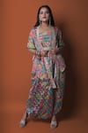 Buy_Meghna shah_Multi Color Chinon Printed Floral Jumpsuit Straight Draped With Cape _at_Aza_Fashions