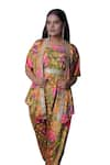 Shop_Meghna shah_Multi Color Chinon Printed Floral Jumpsuit Straight Strapless Draped With Cape _Online_at_Aza_Fashions