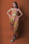 Shop_Meghna shah_Multi Color Chinon Printed Floral Jumpsuit Straight Strapless Draped With Cape 