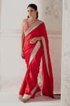 Ranian_Red Silk Satin Woven Gota Plunging Border Saree With Blouse _at_Aza_Fashions