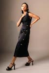 Shop_Karishma Kajaria_Black Habutai Silk Solid V-neck Plain Top With Button Detail Skirt _at_Aza_Fashions