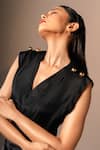 Shop_Karishma Kajaria_Black Habutai Silk Solid V-neck Plain Top With Button Detail Skirt _Online_at_Aza_Fashions