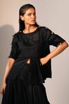 Buy_Karishma Kajaria_Black Handloom Cotton, Silk, Hemp Round Neck Pleated Top With Harrem Pant _Online_at_Aza_Fashions