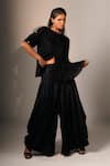 Shop_Karishma Kajaria_Black Handloom Cotton, Silk, Hemp Round Neck Pleated Top With Harrem Pant _Online_at_Aza_Fashions