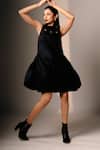 Buy_Karishma Kajaria_Black Cotton, Hemp Round Neck Straight Pleated Short Dress _at_Aza_Fashions