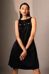 Karishma Kajaria_Black Cotton, Hemp Round Neck Straight Pleated Short Dress _Online_at_Aza_Fashions