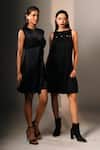 Shop_Karishma Kajaria_Black Cotton, Hemp Round Neck Straight Pleated Short Dress _Online_at_Aza_Fashions