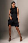 Karishma Kajaria_Black Satin, Cotton, Round Neck Solid Pleated Short Dress _at_Aza_Fashions