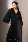 Buy_Karishma Kajaria_Black Habutai Silk Solid Round Straight Midi Dress _Online_at_Aza_Fashions