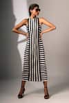 Buy_Karishma Kajaria_Black Cotton, Silk Round Neck Stripe Pattern Midi Dress _at_Aza_Fashions
