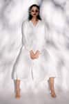 Buy_Karishma Kajaria_White Linen, Satin, Cotton V-neck Solid A-line Midi Dress _at_Aza_Fashions