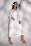 Karishma Kajaria_White Linen, Satin, Cotton V-neck Solid A-line Midi Dress _at_Aza_Fashions