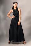 Buy_Karishma Kajaria_Black Habutai Silk Solid Halter Neck Pleated Long Dress _at_Aza_Fashions