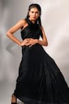 Shop_Karishma Kajaria_Black Habutai Silk Solid Halter Neck Pleated Long Dress _Online_at_Aza_Fashions