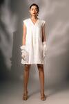 Buy_Karishma Kajaria_White , Satin, Silk Patchwork V-neck A-line Dress _at_Aza_Fashions