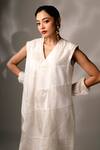 Shop_Karishma Kajaria_White , Satin, Silk Patchwork V-neck A-line Dress _at_Aza_Fashions
