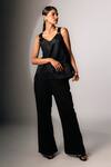 Buy_Karishma Kajaria_Black , Satin, Silk Brooches V-neck Patchwork Flared Top _at_Aza_Fashions