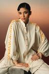 Buy_Karishma Kajaria_Beige Cotton Beads Collared Tassel Embroidered Shirt _at_Aza_Fashions