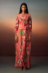 Buy_Karishma Kajaria_Red Cotton Silk Print Floral V Neck Flower Garden Maxi Dress _at_Aza_Fashions