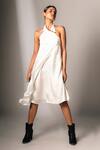 Buy_Karishma Kajaria_White Silk Satin Halter Assymetric Neck Dress _at_Aza_Fashions