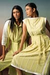 Buy_Karishma Kajaria_Green Cotton Silk Hand Embroidery Floral Boat Neck Stripe Dress _Online_at_Aza_Fashions