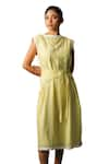 Shop_Karishma Kajaria_Green Cotton Silk Hand Embroidery Floral Boat Neck Stripe Dress _Online_at_Aza_Fashions