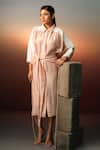 Buy_Karishma Kajaria_Pink Habutai Silk Collared Pleated Wrap Dress _at_Aza_Fashions