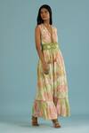 Label Reyya_Green Cotton Embroidery Tie Dye Deep V Neck Pattern Dress _Online_at_Aza_Fashions