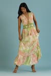 Buy_Label Reyya_Green Cotton Embroidery Tie Dye Deep V Neck Pattern Dress _Online_at_Aza_Fashions