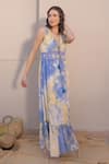 Label Reyya_Blue Cotton Embroidery Tie Dye Deep V Neck Sequin Wave Dress _Online_at_Aza_Fashions