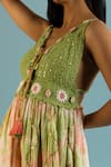 Label Reyya_Green Cotton Embroidery Sequin Deep V Neck Floral Crochet Dress _Online_at_Aza_Fashions