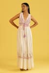 Shop_Label Reyya_Purple Cotton Rayon Embroidery Sequin Plunge V Neck Floral Dress _Online_at_Aza_Fashions