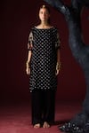 Shop_5Elements_Black Modal Satin Woven Bandhani Boat Neck Indrina Tunic And Draped Pant Set _at_Aza_Fashions