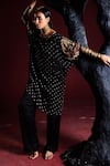 Shop_5Elements_Black Modal Satin Woven Bandhani Boat Neck Indrina Tunic And Draped Pant Set _Online_at_Aza_Fashions