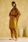 5Elements_Yellow Modal Satin Woven Bandhani Boat Indrina Pattern Tunic And Draped Pant Set _at_Aza_Fashions