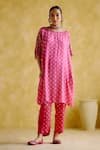 Buy_5Elements_Pink Modal Satin Woven Indrina Sleeve Embroidered Tunic And Draped Pant Set _at_Aza_Fashions