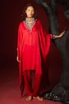 Buy_5Elements_Red Modal Saturn Woven Bead V Bhavishya Neckline Embellished Kaftan And Pant Set _at_Aza_Fashions