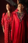 5Elements_Red Modal Saturn Woven Bead V Bhavishya Neckline Embellished Kaftan And Pant Set _Online_at_Aza_Fashions