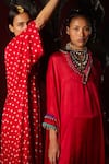 Buy_5Elements_Red Modal Saturn Woven Bead V Bhavishya Neckline Embellished Kaftan And Pant Set _Online_at_Aza_Fashions